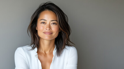 Obraz premium confident Asian woman with warm smile and tousled hair