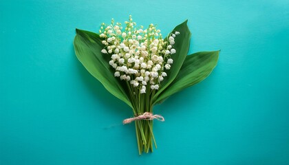 Obraz premium Bouquet of flowers lily of the valley on turquoise background flat lay. Generated image
