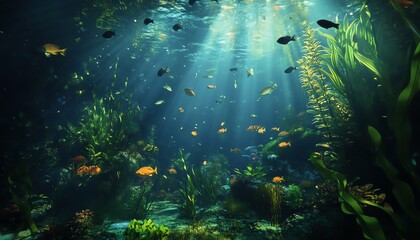 Fototapeta premium Vibrant underwater scene with colorful fish swimming amidst lush aquatic plants and coral. Perfect for aquarium, nature, or marine life themes.