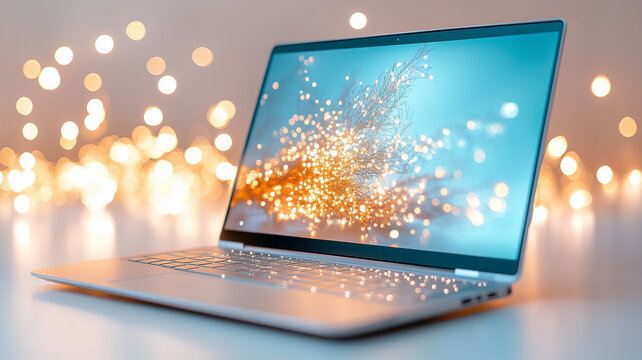 modern laptop displaying vibrant abstract design with glowing lights. sleek device is set against blurred background, creating captivating and tech savvy atmosphere