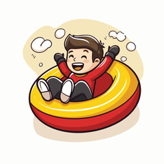 Child in winter clothes on a snow tube.