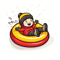 Child in winter clothes on a snow tube.