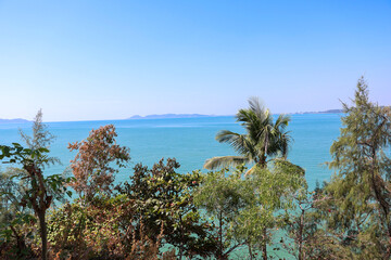 landscape beautiful sea with trees and mountains as elements. Travel Rayong Province, Thailand.
