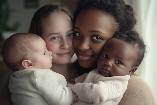 Two mothers smiling while holding their babies indo