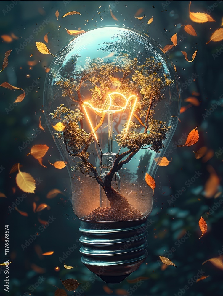 Poster a creative depiction of a light bulb morphing into a tree with glowing leaves, symbolizing innovatio