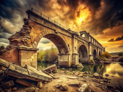 Destroyed Sobron Bridge: Vintage Sepia Postcard - Historical Ruins