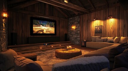 Cozy Rustic Room with Warm Lighting for Movie Nights