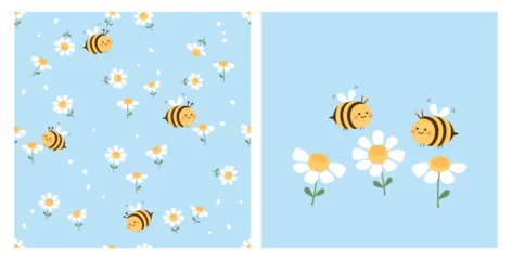 Seamless pattern with daisy garden and bee cartoons on blue background. daisy icon set and cute bees vector.