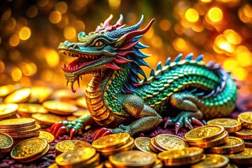 Fototapeta premium Fierce Dragon on Golden Treasure - Long Exposure Fantasy Stock Photo