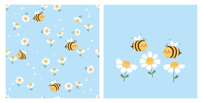 Seamless pattern with daisy garden and bee cartoons on blue background. daisy icon set and cute bees vector.