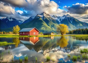 Fototapeta premium Flooded Pemberton Farmland Reflecting Mountains - Dramatic Canadian Landscape