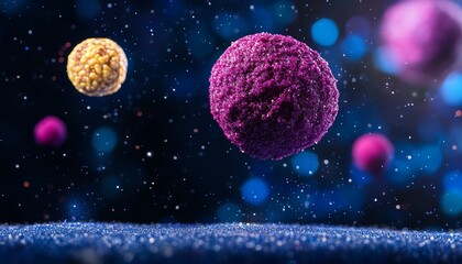 Vibrant, colorful spheres float in a dark, sparkly background, resembling planets or abstract art.  Perfect for concepts of space, energy, or creativity.