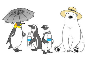 熱中症対策をする動物たちの手描きイラスト