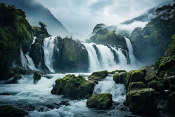 Fototapeta premium Waterfalls cascading down mossy rocks in a misty mountain valley, creating a breathtaking natural landscape