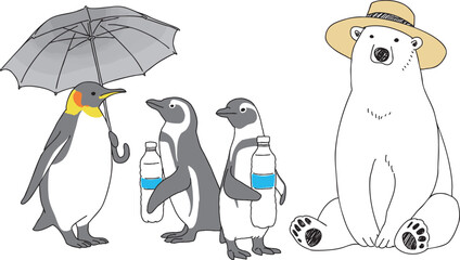 熱中症対策をする動物たちの手描きイラスト