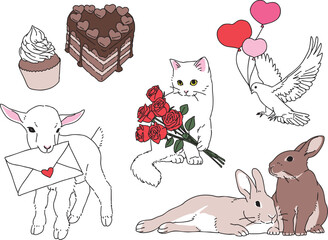 バレンタインデーの動物たち手描きイラスト