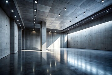 Dark Concrete Hall, Modern Architecture, Light in Darkness, Perspective View, Spacious Interior Design