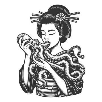 geisha eating octopus monochrome art clip art preview