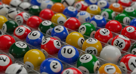 Lottery, bingo and balls with numbers for game, chance and gamble. Gambling, luck and prize for win, reward and entertainment