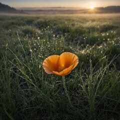 A solitary California poppy flower surrounded by dew-kissed grass blades at dawn, with soft mist in the background.