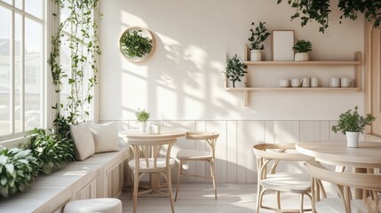 A white and wooden room with a lot of plants and a lot of chairs