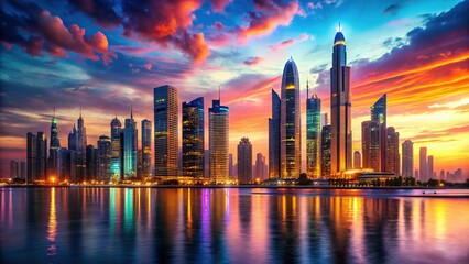 Obraz premium Futuristic Ocean City Sunset: Neon Skyscrapers & Coastal Metropolis
