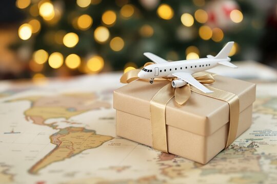 Golden gift box with a toy airplane, tied with a ribbon on a world map. Holiday lights bokeh in background. Concept of travel gifts. Ai generative