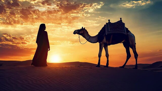 a woman with a camel in the desert. Selective focus