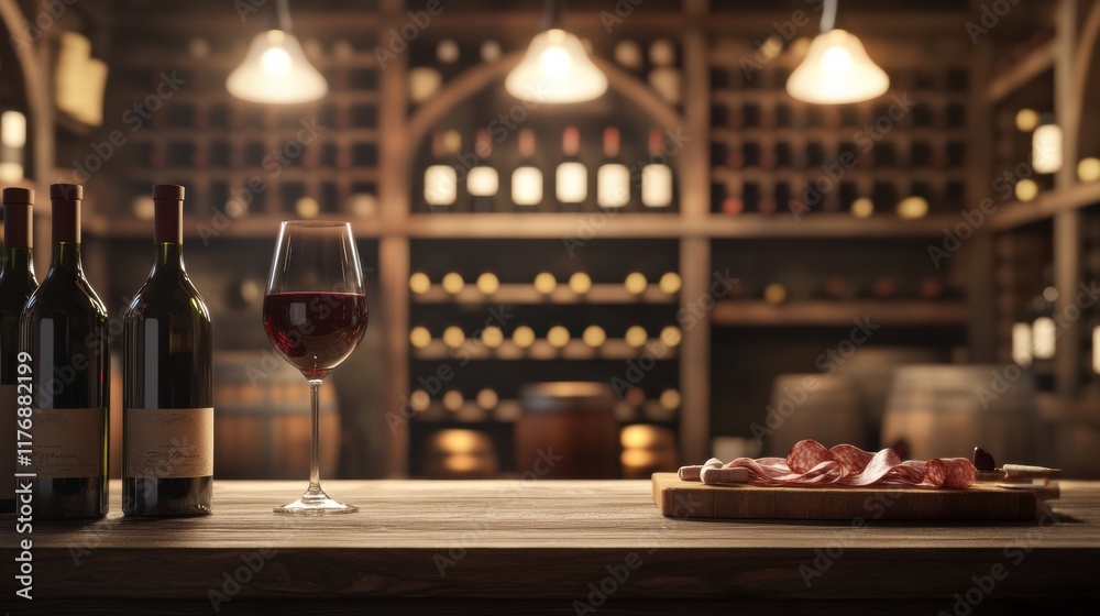 Poster elegant wine cellar featuring vintage bottles and a tasting experience with charcuterie and red wine