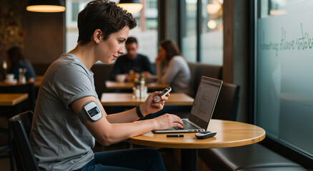 Woman, laptop and glucose monitor with technology at cafe for health, diabetes and online with device, monitoring and care for medical, treatment and wellness