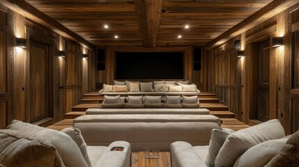 Cozy Rustic Home Theater with Wooden Paneling