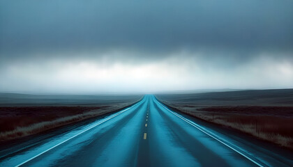 Fototapeta premium Foggy road disappearing into mist, symbolizing uncertainty and mystery