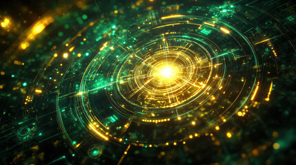 Obraz premium A vibrant and futuristic digital compass, surrounded by glowing emerald-green and soft gold accents, with radiant light beams spreading outward