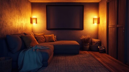 Cozy Movie Room with Comfortable Couch and Warm Lighting