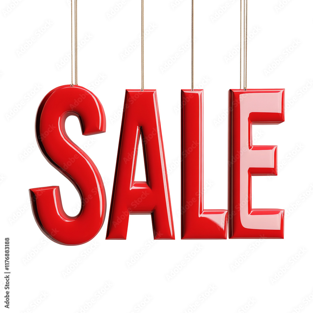 Poster A 3D rendering of glossy red SALE letters suspended from strings against a white backdrop.