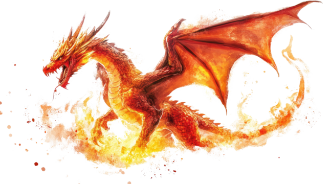 Fiery Dragon in Flight: A majestic red dragon with fiery wings spreads its wings in mid-flight, its scales glowing with intense heat.