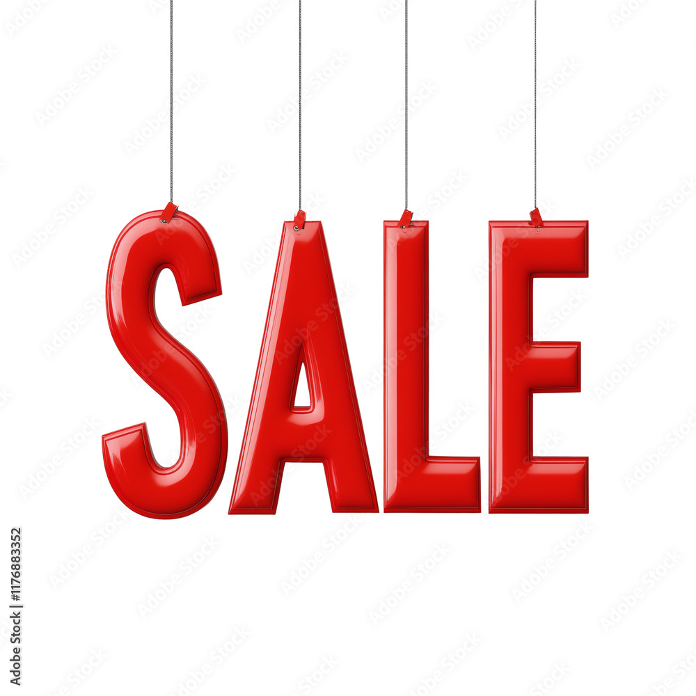 Poster the image shows four large red glossy letters spelling sale hanging from strings against a plain whi