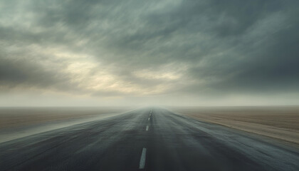 Naklejka premium Foggy road disappearing into mist, symbolizing uncertainty and mystery
