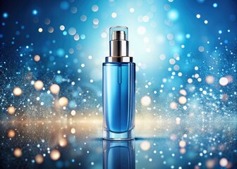 Naklejka premium Double Exposure Cosmetic Bottle, Sleek Blue Bottle, Pastel Gradient Background, Sparkling Beauty Product, Luxury Skincare, Abstract Beauty Photography
