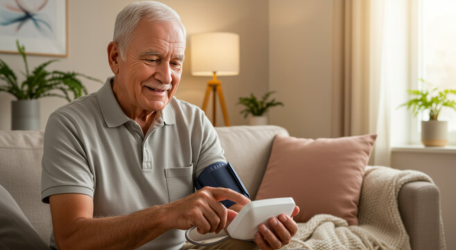 Senior man, checking blood pressure at home for health, care and wellness monitoring - Powered by Adobe