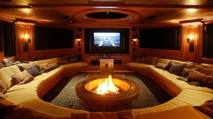 Stylish Movie Room with Cozy Seating and Firepit