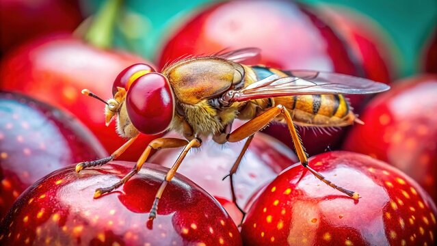 High-Resolution Close-up of Rhagoletis Cerasi Cherry Fruit Fly Infesting Cherries