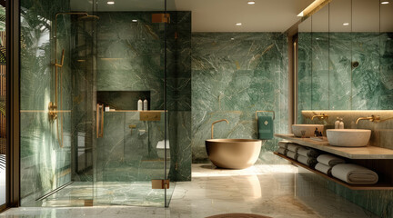 A top modern bathroom with double showers, green marble walls, light neutral color of stone floor. Brass sink and tap.
