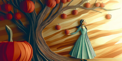 Enchanted Orchard Lady in Flowing Green Dress Amidst Artistic Apple Trees