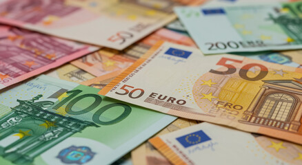 Euro, money and bills for finance, wealth and economy with cash, currency and investment for business or payment