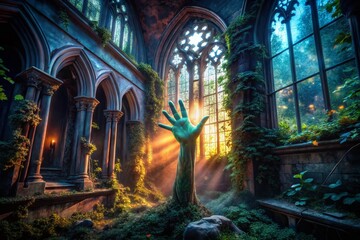 Eerie Ghostly Hand Reaching from Dark Gothic Architecture