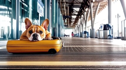 In a bustling airport, a French Bulldog rests on an orange suitcase, capturing the essence of modern travel with comforting companionship amidst busy surroundings.