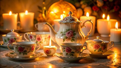 Fototapeta premium Elegant Antique Floral Tea Set on White Tablecloth - Night Photography