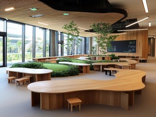 Innovative classroom design for experiential learning modern educational space interior architecture natural environment wide-angle view collaborative concepts