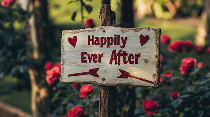 Wooden "Happily Ever After" sign in red with right-pointing arrows and hearts, set against a rose forest. Minimalist, fairy tale-inspired design for Valentine's Day themes and romantic confessions